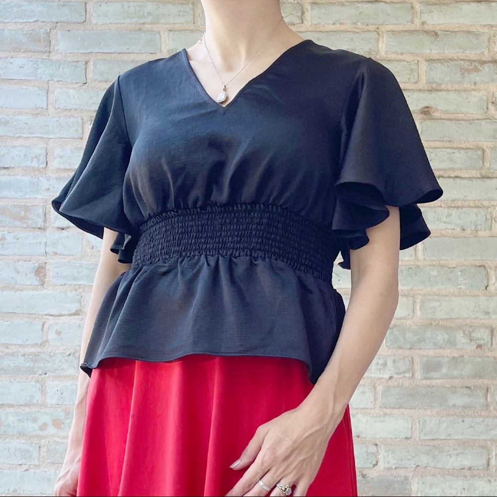 Express Satin Top Black Silky Flutter Smocked Butterfly Blouse Peplum Stretch - Picture 14 of 14